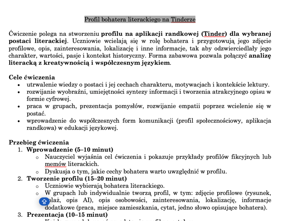 Profil bohatera literackiego na Tinderze - scenariusz ćwiczenia + szablon