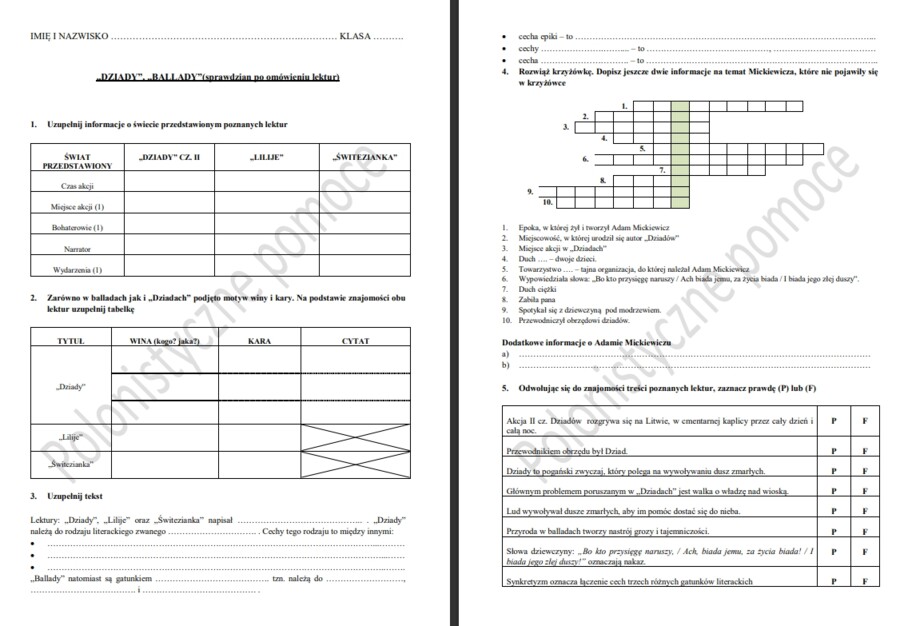 Sprawdzian po omówieniu lektury Dziady i ballady