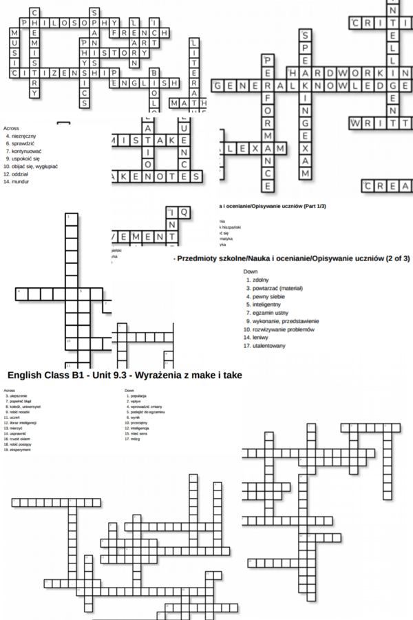 English Class B1 – Unit 9 – krzyżówki – Przedmioty szkolne_Nauka i ocenianie_Opisywanie uczniów/Wyrażenia z make i take/Czasowniki złożone