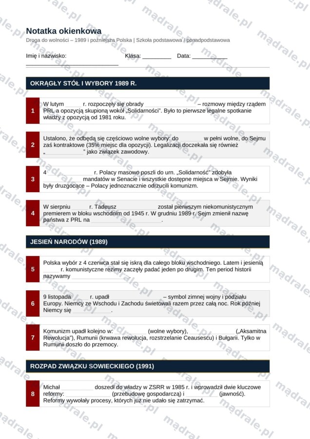 Notatka okienkowa „Droga do wolności 1989–2004” + klucz odpowiedzi