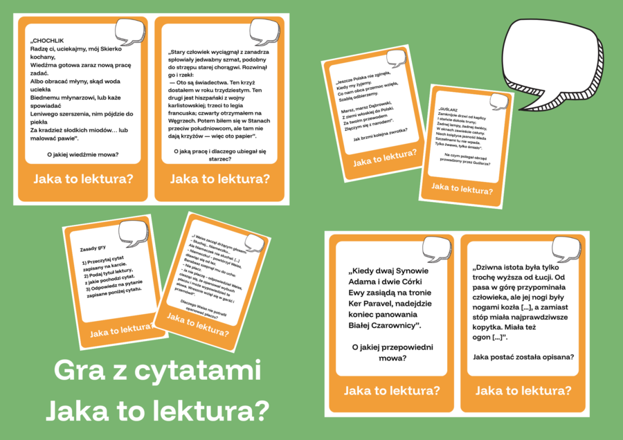Zestaw gier karcianych na cały rok szkolny - Lekturowe 5 sekund, Ja mam, kto ma, pytanie czy wzywanie, gry z cytatami