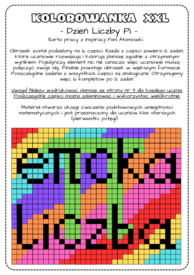Dzień Liczby Pi - kolorowanka XXl. Klasy 7-8