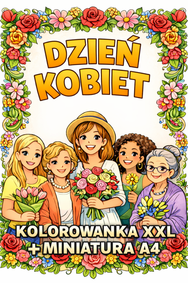 DZIEŃ KOBIET – kolorowanka do druku XXL (6 stron A4) + miniatura A4; dekoracja; gazetka