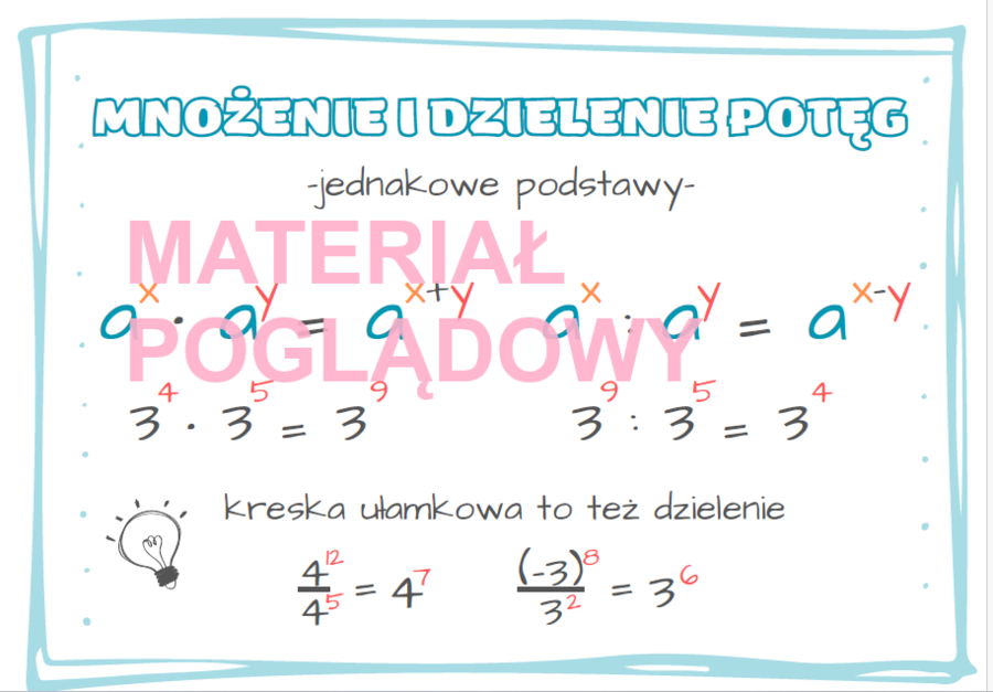Działania na potęgach (II wersja) - notatka, plansza, wklejka