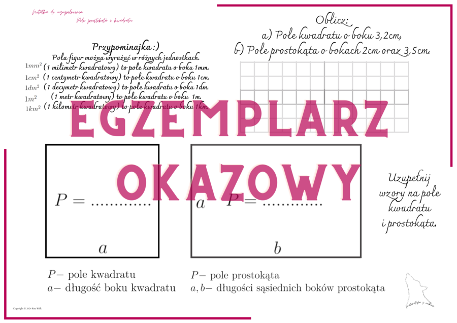 Pole prostokąta i kwadratu - notatka do uzupełnienia