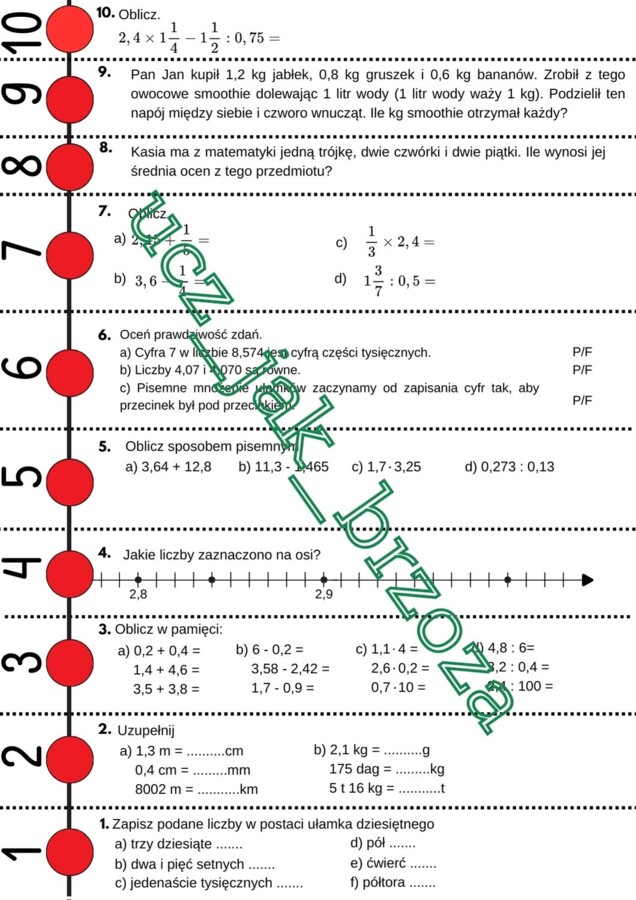 Ułamki dziesiętne, klasa 5, powtórzenie, sztafeta zadaniowa, praca w grupach