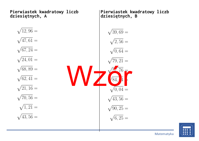 Pierwiastek kwadratowy liczb dziesiętnych | matematyka | 26 kolumn