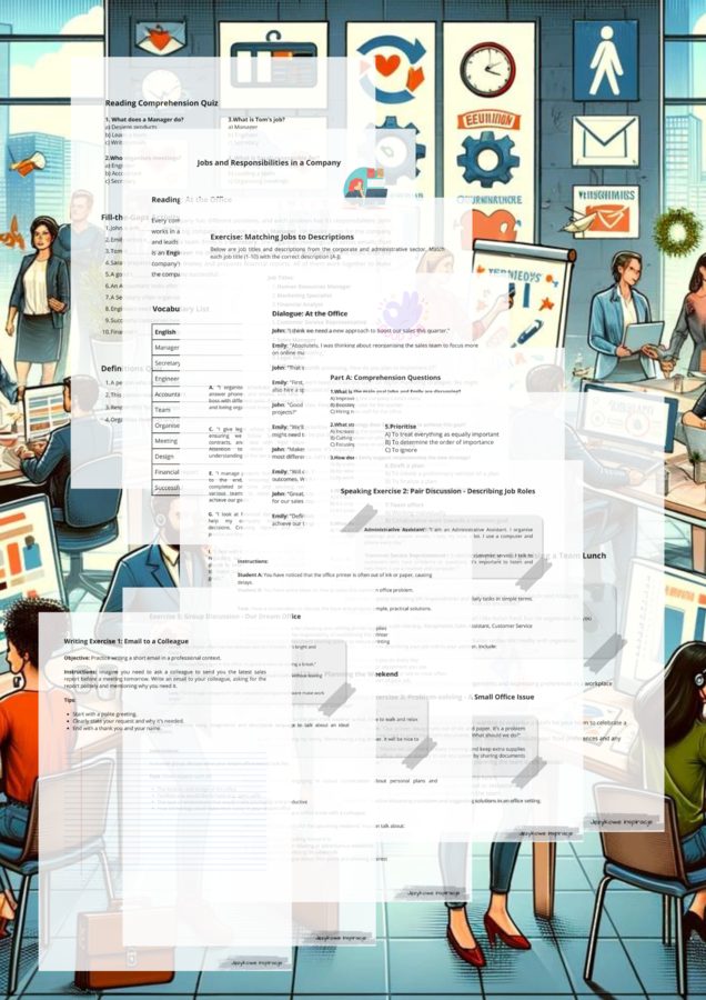 Business English. Jobs and Responsibilities in a Company A2+. Angielski dla dorosłych. Karty pracy.