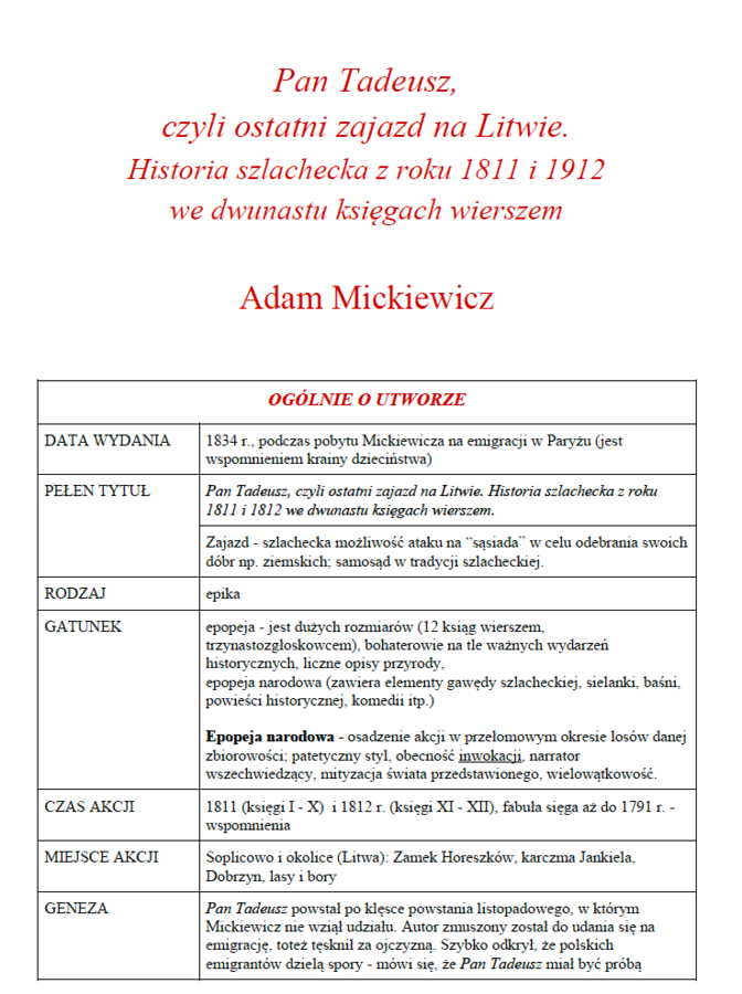 "Pan Tadeusz" - notatka.