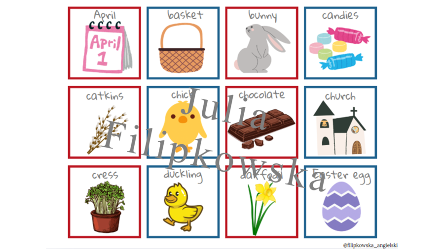 Easter memory / Wielkanoc / Easter / Memory/ Gra/ Gra językowa/ Karty obrazkowe/ Zabawa/ Dzieci/ Warm-up/ Rozgrzewka/ Słownictwo/ SP 1-3/ SP 4-6/ SP 4-8/ SP 8