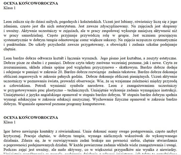 Ocena opisowa końcoworoczna klasa 1