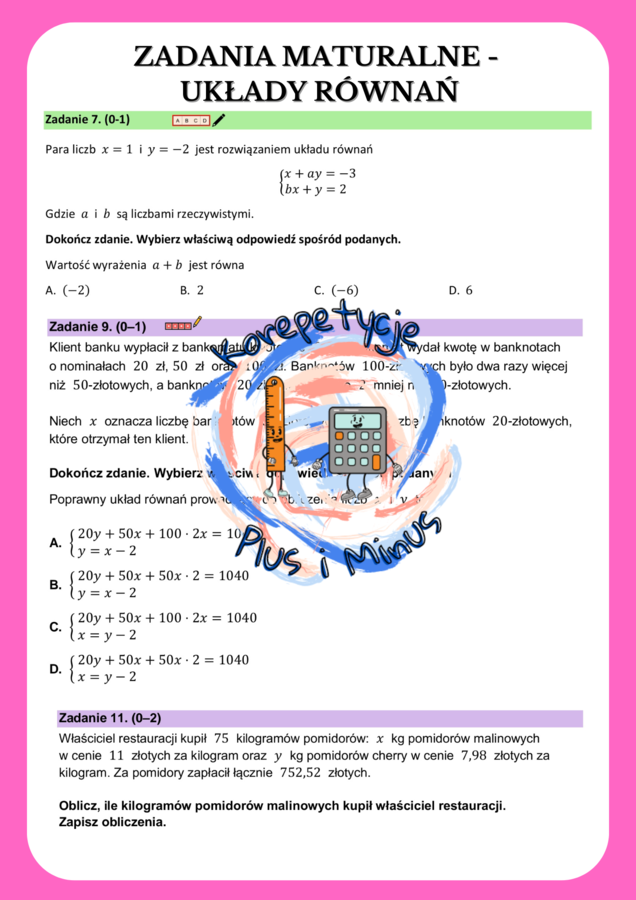 Zadania maturalne - układy równań