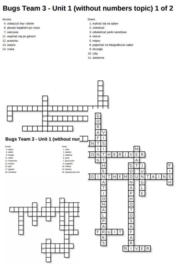 Bugs Team 3 – Unit 1 – krzyżówki – without numbers topic