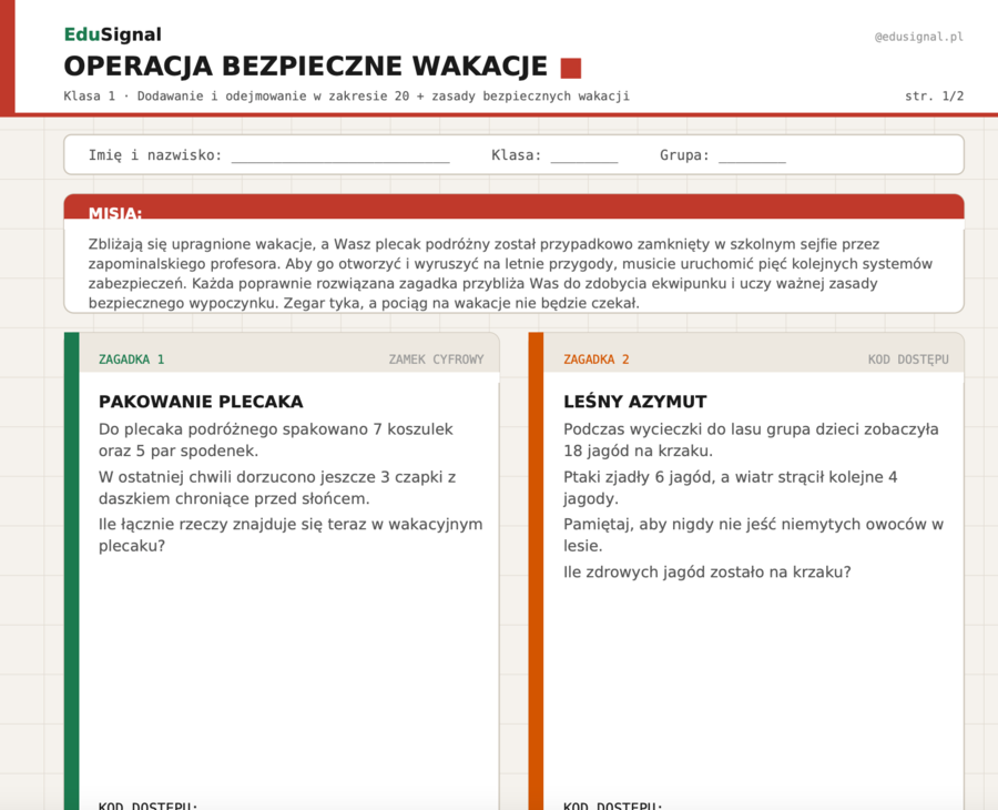 Operacja Bezpieczne Wakacje | Escape room — dodawanie i odejmowanie do 20, klasa 1 | karta ucznia + klucz + fiszki narracyjne