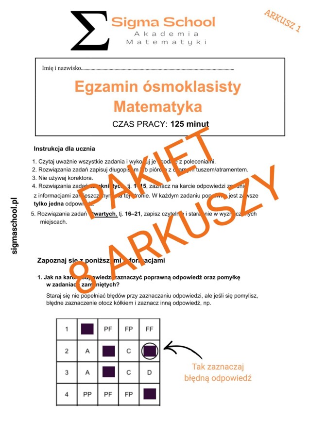 Nazwa: Pakiet 8 Autorskich Arkuszy Egzaminacyjnych – Egzamin Ósmoklasisty Matematyka