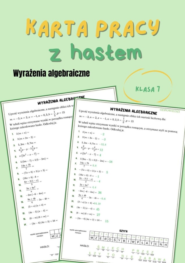 Wyrażenia algebraiczne, upraszczanie, obliczanie wartości liczbowej, klasa 7, karta pracy z hasłem
