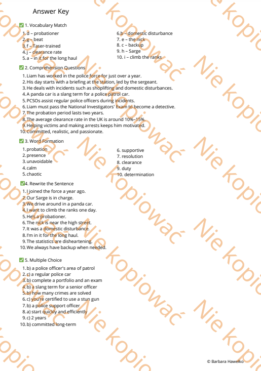Karta pracy Work in the UK Police ze słowniczkiem i kluczem odpowiedzi