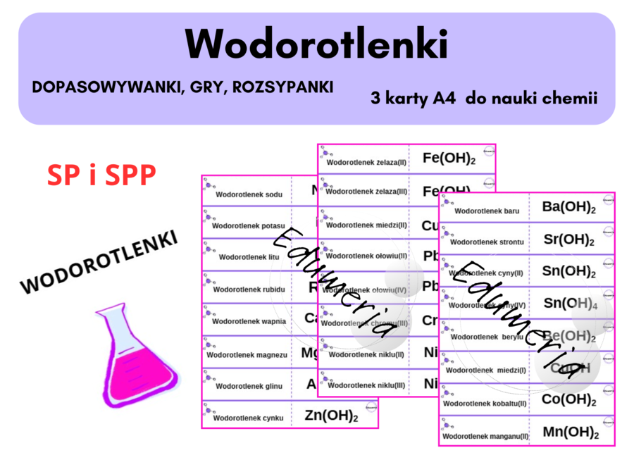 Chemiczna rozsypanka, dopasowywanka – WODOROTLENKI - 24 przykłady