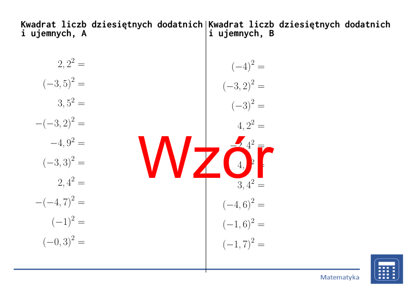 Kwadrat liczb dziesiętnych dodatnich i ujemnych | matematyka | 26 kolumn