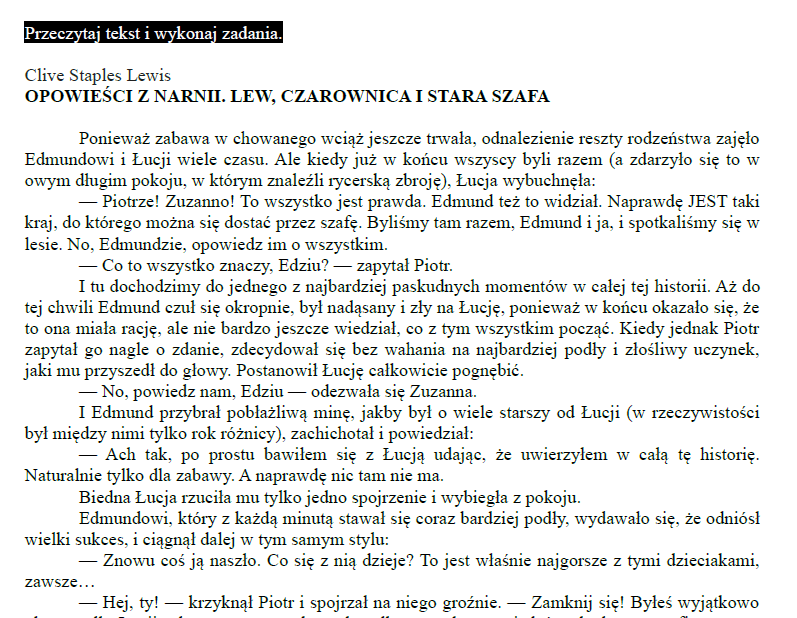 Egzamin ósmoklasisty – Arkusz z języka polskiego „Opowieści z Narnii. Lew, czarownica i stara szafa” | Pełny test z kluczem odpowiedzi