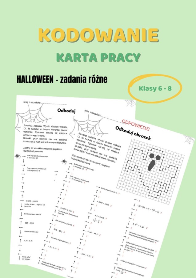 Halloween na matematyce, zadania różne, kodowanie, karta pracy, klasy 6 - 8