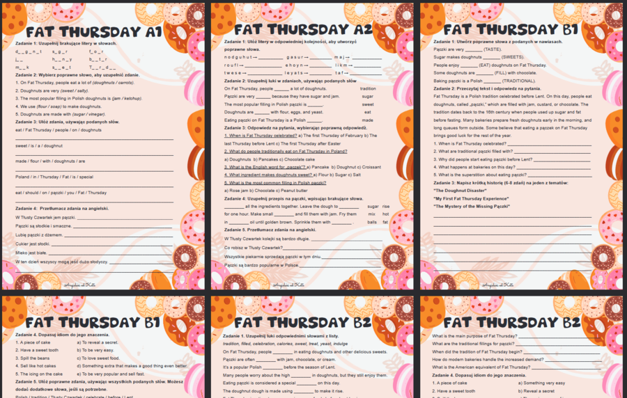 Fat Thursday (Tłusty Czwartek) Worksheet Karty Pracy zestaw poziomy A1 - B2