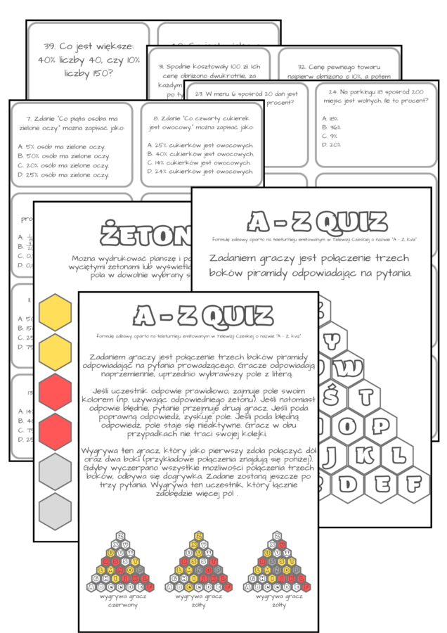 PAKIET quizy matematyczne - procenty, wyrażenia algebraiczne (algebra), ułamki dziesiętne
