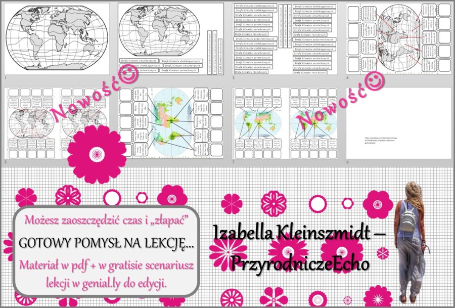 Pomysł na lekcję/karta pracy/stacje zadaniowe/notatki/ materiał do lekcji do tematu „Strefy klimatyczne i krajobrazowe” w pdf. W gratisie niekomercyjny scenariusz lekcji/pomysł na lekcję w programie genial.ly do edycji. Geografia 5. Dział „Krajobrazy świ