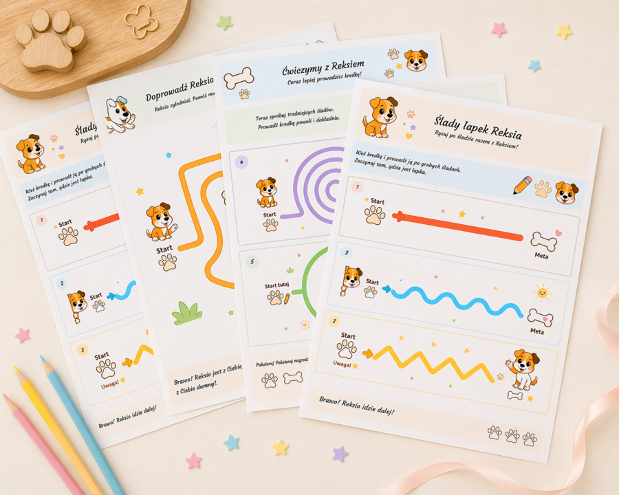 Ślady łapek Reksia – ćwiczenie grafomotoryczne