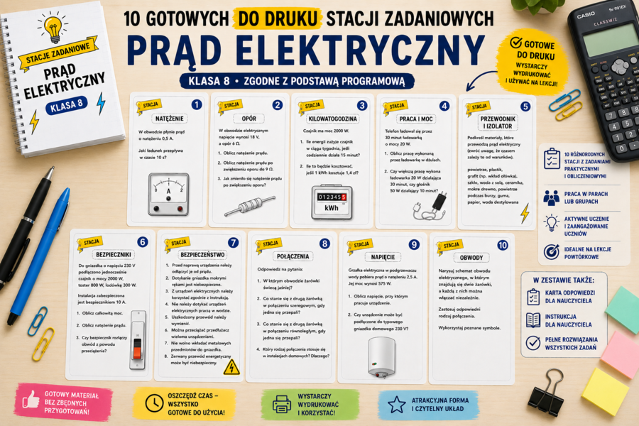 Stacje zadaniowe – Prąd elektryczny | Klasa 8 | Powtórzenie działu
