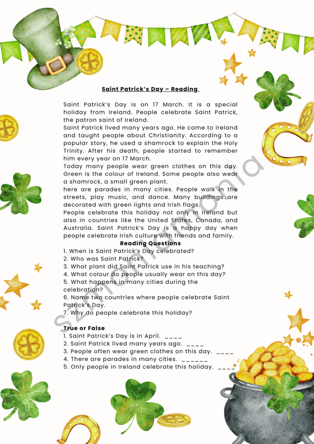 Saint Patrick's  Day -karta pracy czytanie ze zrozumieniem plus słowniczek obrazkowy