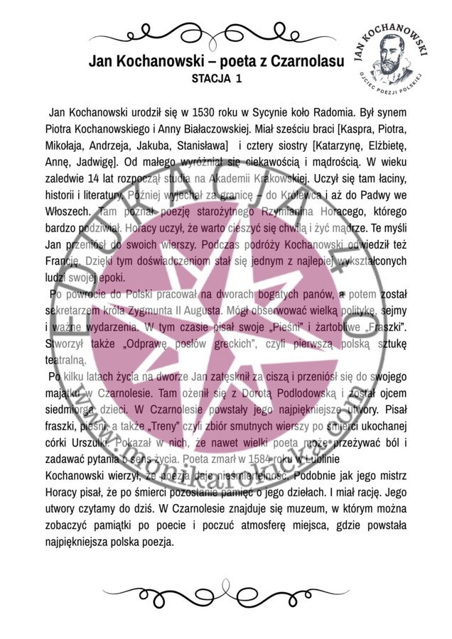 Jan Kochanowski - stacje zadaniowe