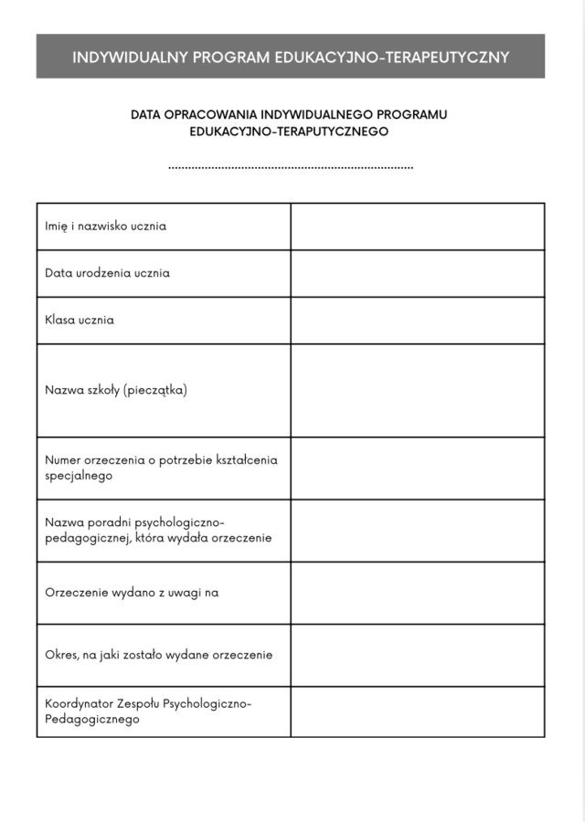 IPET – Indywidualny Program Edukacyjno-Terapeutyczny | Szablon do Edycji