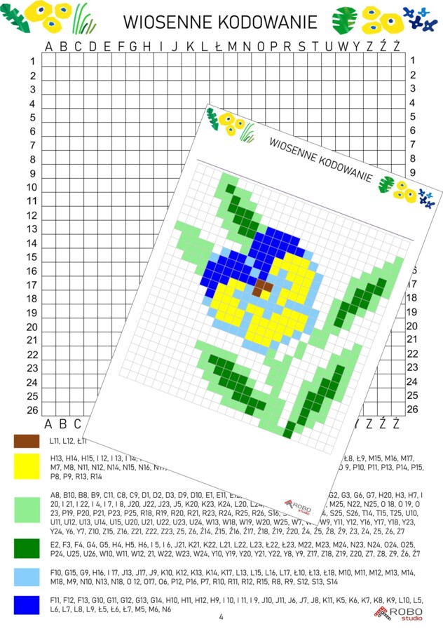 Wiosenne kodowanie- bratki- karta pracy, kodowanka, wiosna, Wielkanoc
