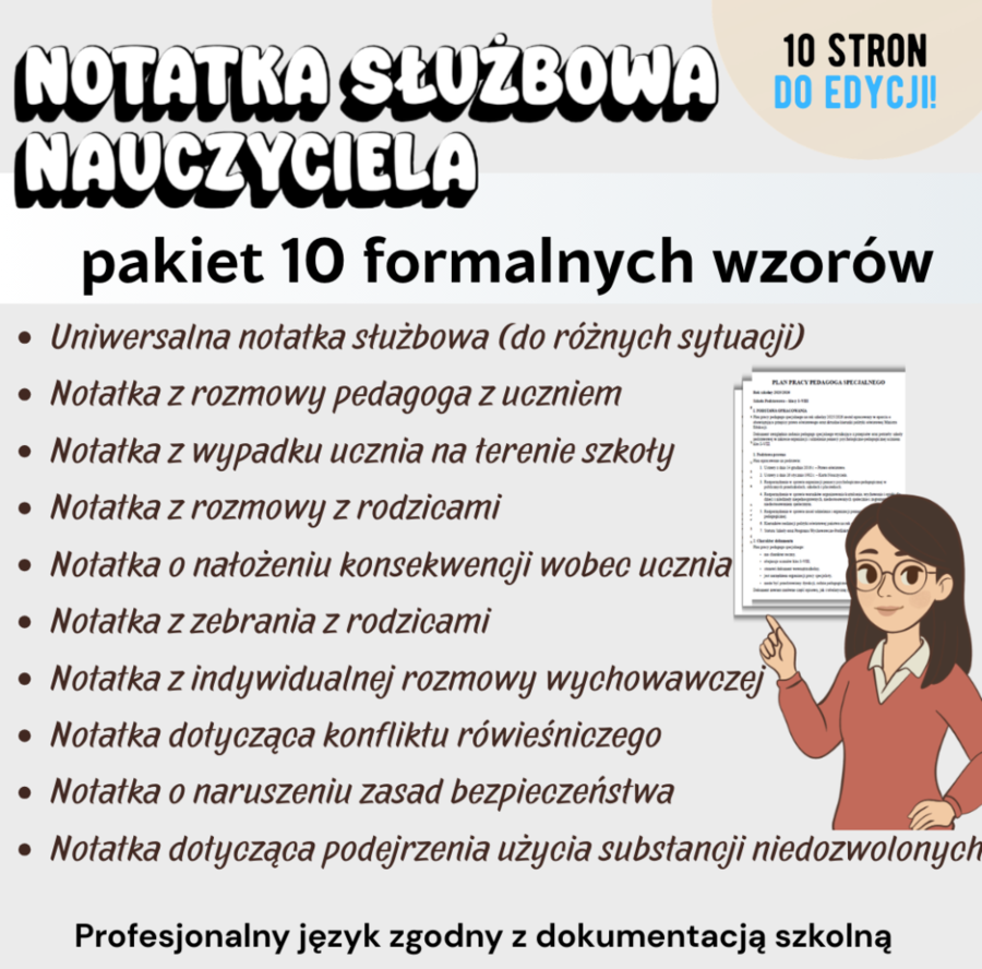 NOTATKI SŁUŻBOWE NAUCZYCIELA Komplet profesjonalnych 10 wzorów do dokumentacji szkolnej