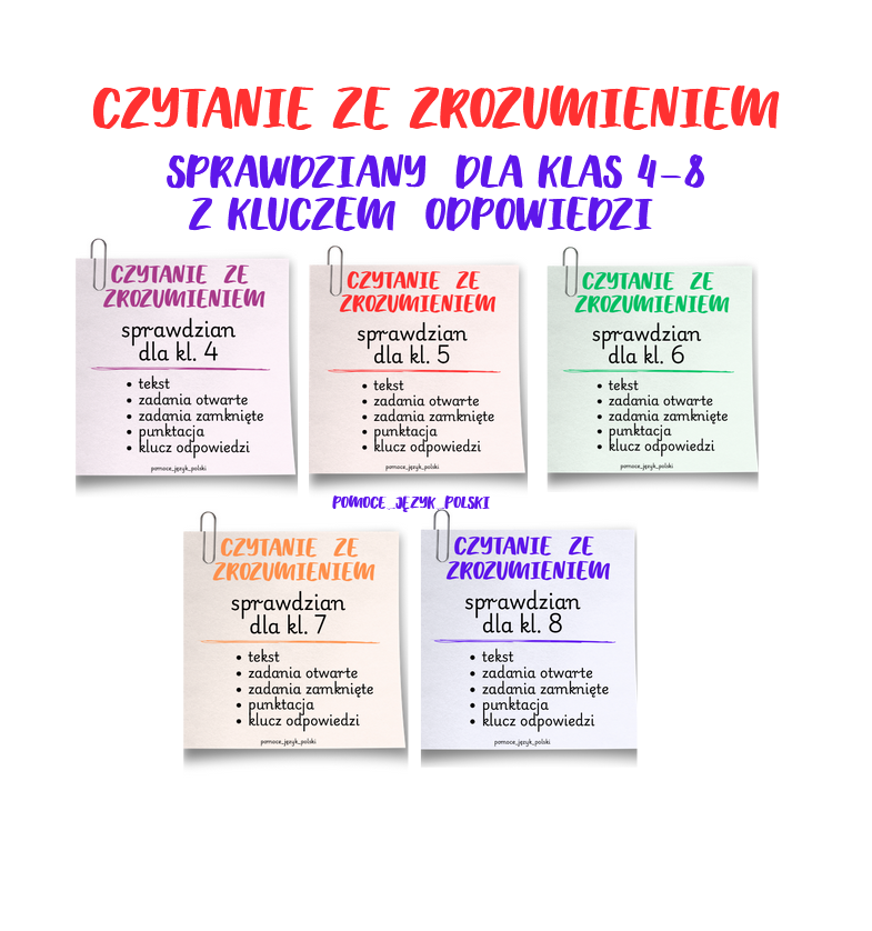 czytanie ze zrozumieniem - sprawdziany - pakiet  kl. 4-8