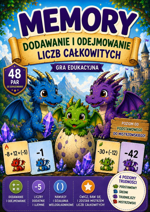 🐉 Smocze Memory – Liczby całkowite | Dodawanie i odejmowanie | Gra matematyczna