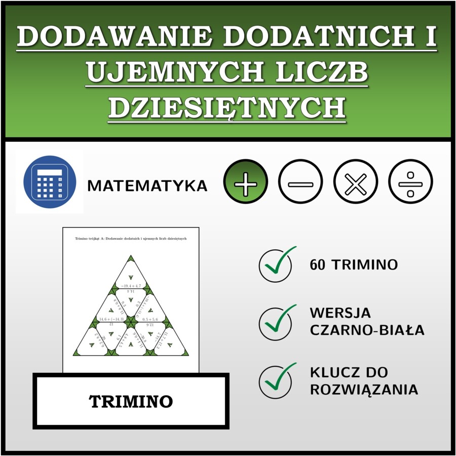 Trimino - Dodawanie dodatnich i ujemnych liczb dziesiętnych | matematyka