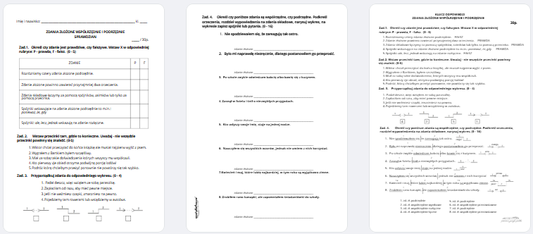 Zdania złożone współrzędnie i podrzędnie - sprawdzian + klucz odpowiedzi