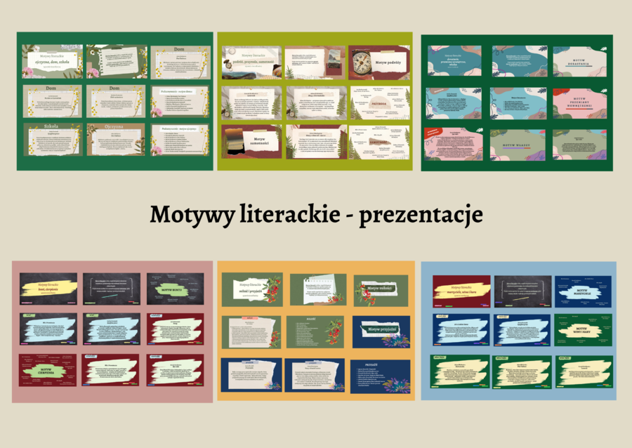 MOTYWY LITERACKIE - ZESTAW 6 PREZENTACJI - 15 motywów - 180 slajdów - lektury kl. 7-8, EGZAMIN - powtórzenie - 30% taniej + karty pracy