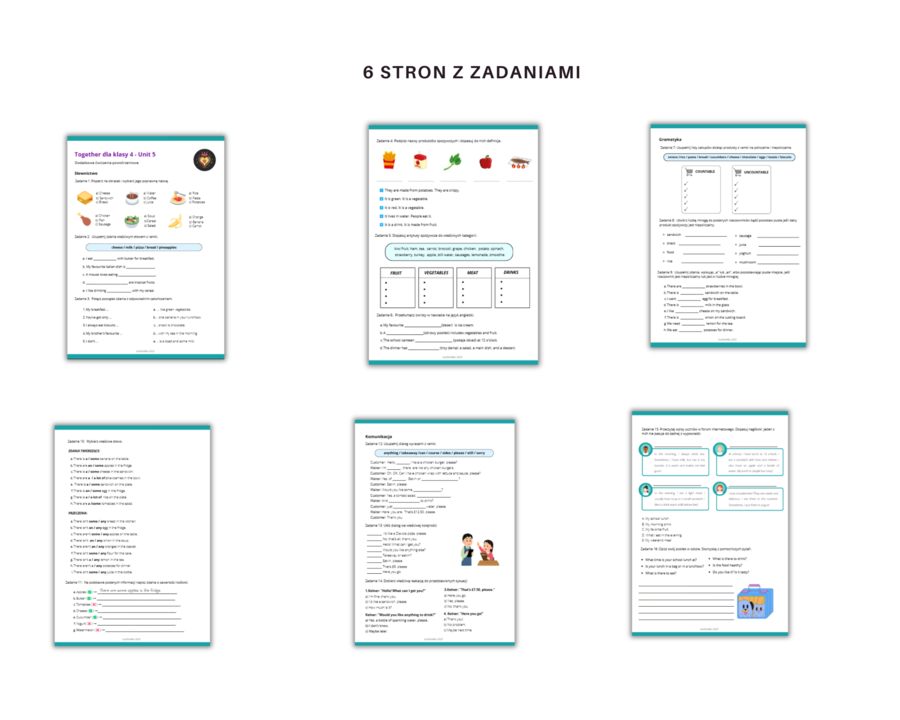 Together dla klasy 4 Unit 5 Dodatkowe materiały, Gramatyka, Słownictwo, Komunikacja, Karty pracy, ćwiczenia, zadania, nazwy produktów spożywczych, rzeczowniki policzalne i niepoliczalne, zamawianie posiłku w restauracji