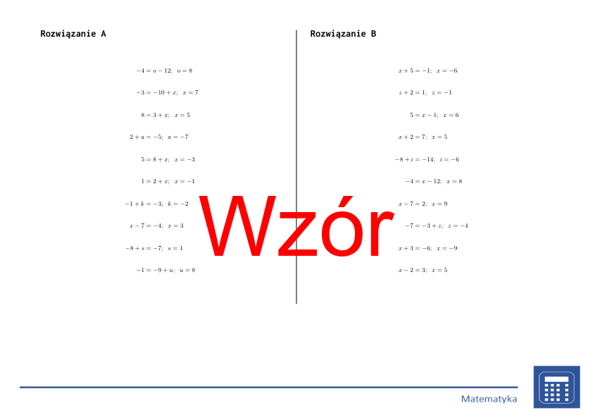 Równania liniowe (liczby całkowite), przekształcenia równoważne (dodawanie, odejmowanie) | matematyka, algebra | 26 kolumn