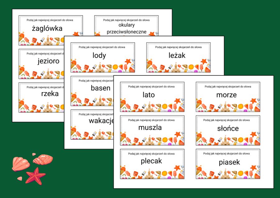 WAKACYJNE SKOJARZENIA - gra - zajęcia z wychowawcą - biblioteka - język polski - 60 fiszek - WAKACJE - LATO