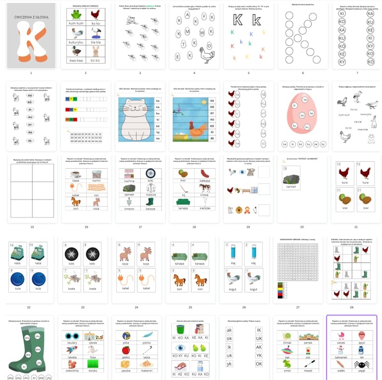 DUŻA paczka ćwiczeń GŁOSKI K W nagłosie, śródgłosie, wygłosie