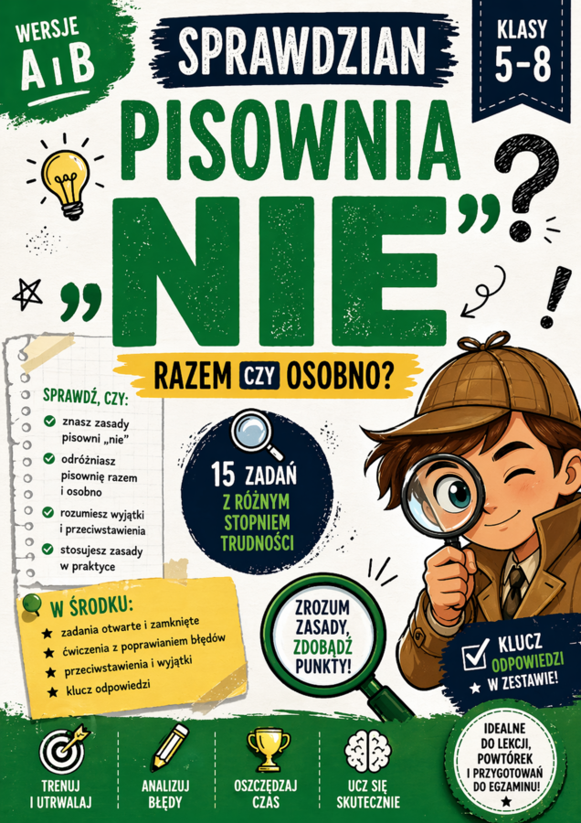 Pisownia „nie” – sprawdzian kl. 5–8 | wersja A i B + klucz odpowiedzi
