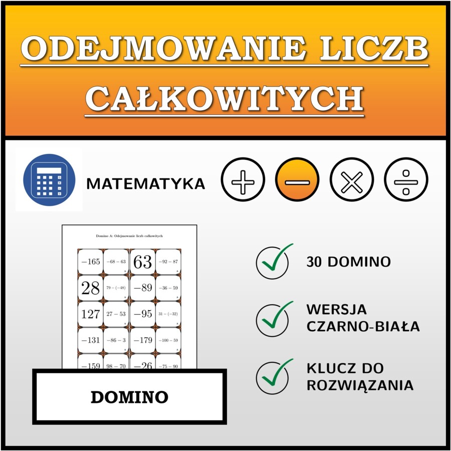 Domino - Odejmowanie liczb całkowitych | matematyka