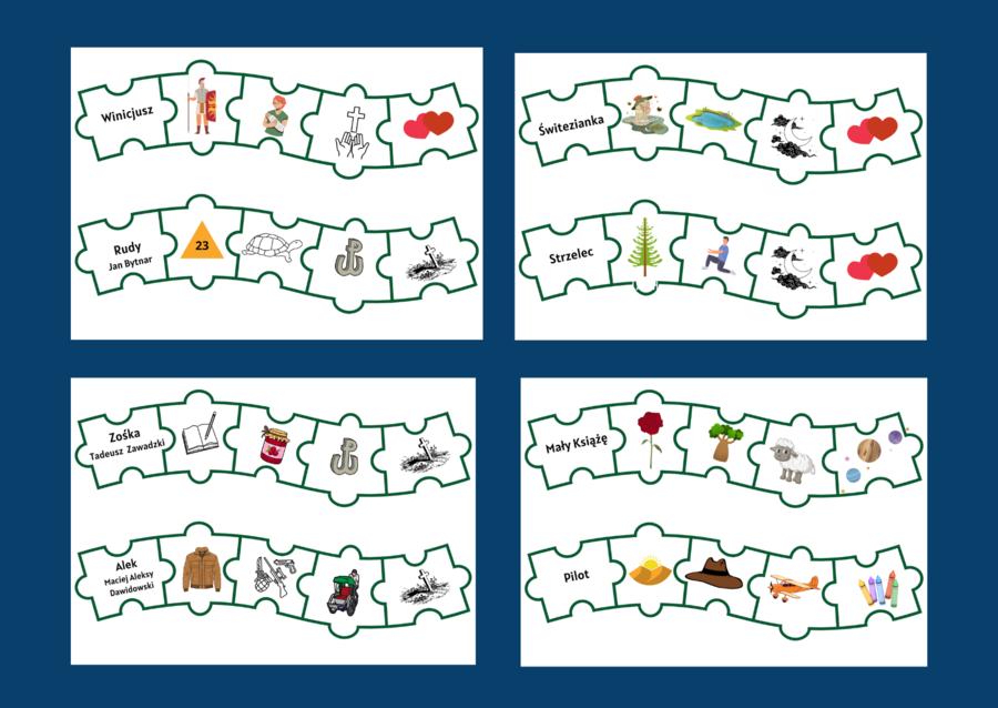 BOHATEROWIE - lektury z kl. 7-8 - ikonki - puzzle - układanka - powtórka - egzamin - 13 stron