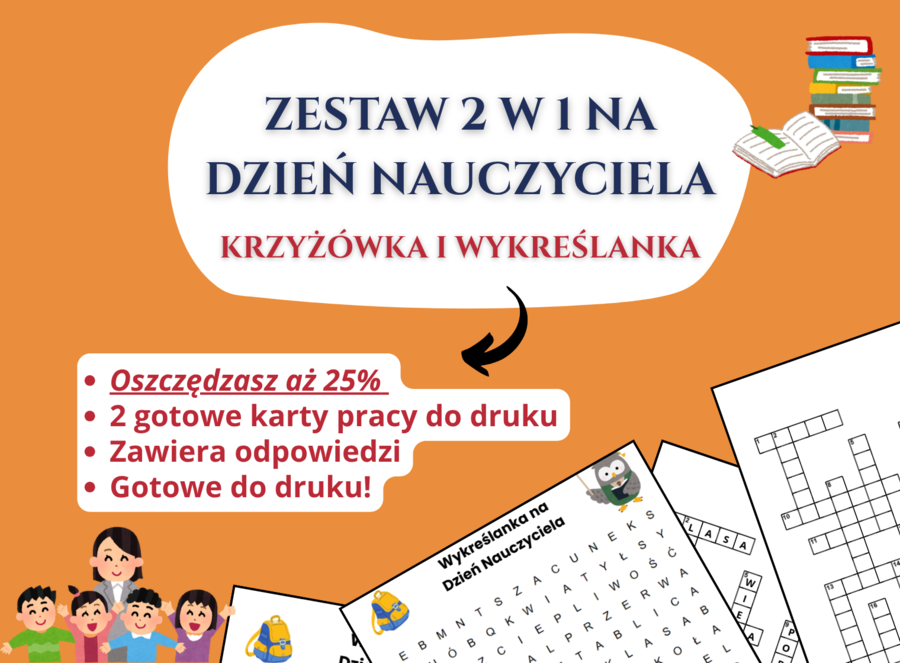 🧩 Zestaw 2 w 1 – Krzyżówka i Wykreślanka „Dzień Nauczyciela”, Szkoła podstawowa • Świetlica • Godzina wychowawcza, kalsy 1-8