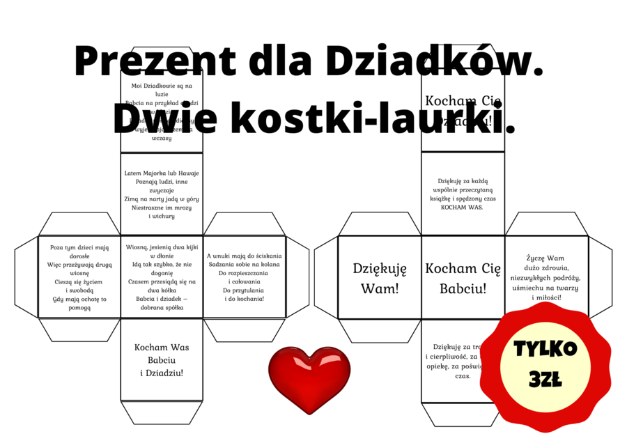 Prezent z okazji Dnia Babci i Dziadzia - kostka - wydrukuj, pokoloruj - niezwykła laurka