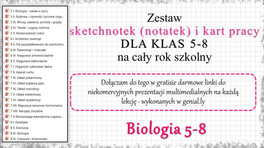 Ogromny zestaw sketchnotek i kart pracy + gratisowe linki do prezentacji multimedialnych niekomercyjnych wykonanych w genial.ly do indywidualnego pobrania i użycia do celów niekomercyjnych z BIOLOGII do klas 5-8. Materiały wykonane są w programie power p